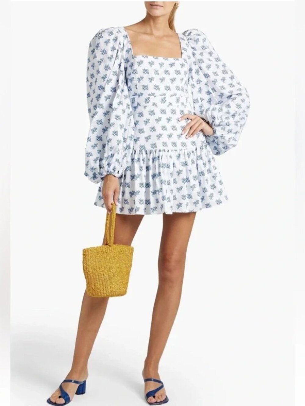 CAROLINE CONSTAS Julian Mini Dress Blue White Floral Balloon Sleeve Square neck